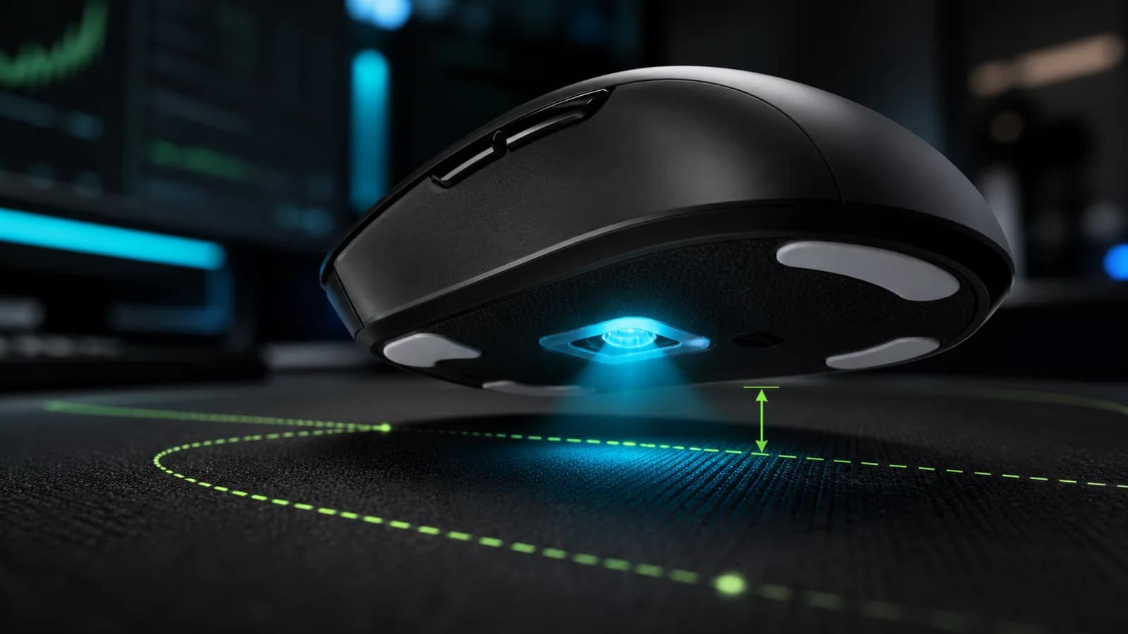 Mouse gamer levemente levantado con sensor iluminado para explicar lift-off distance y motion sync