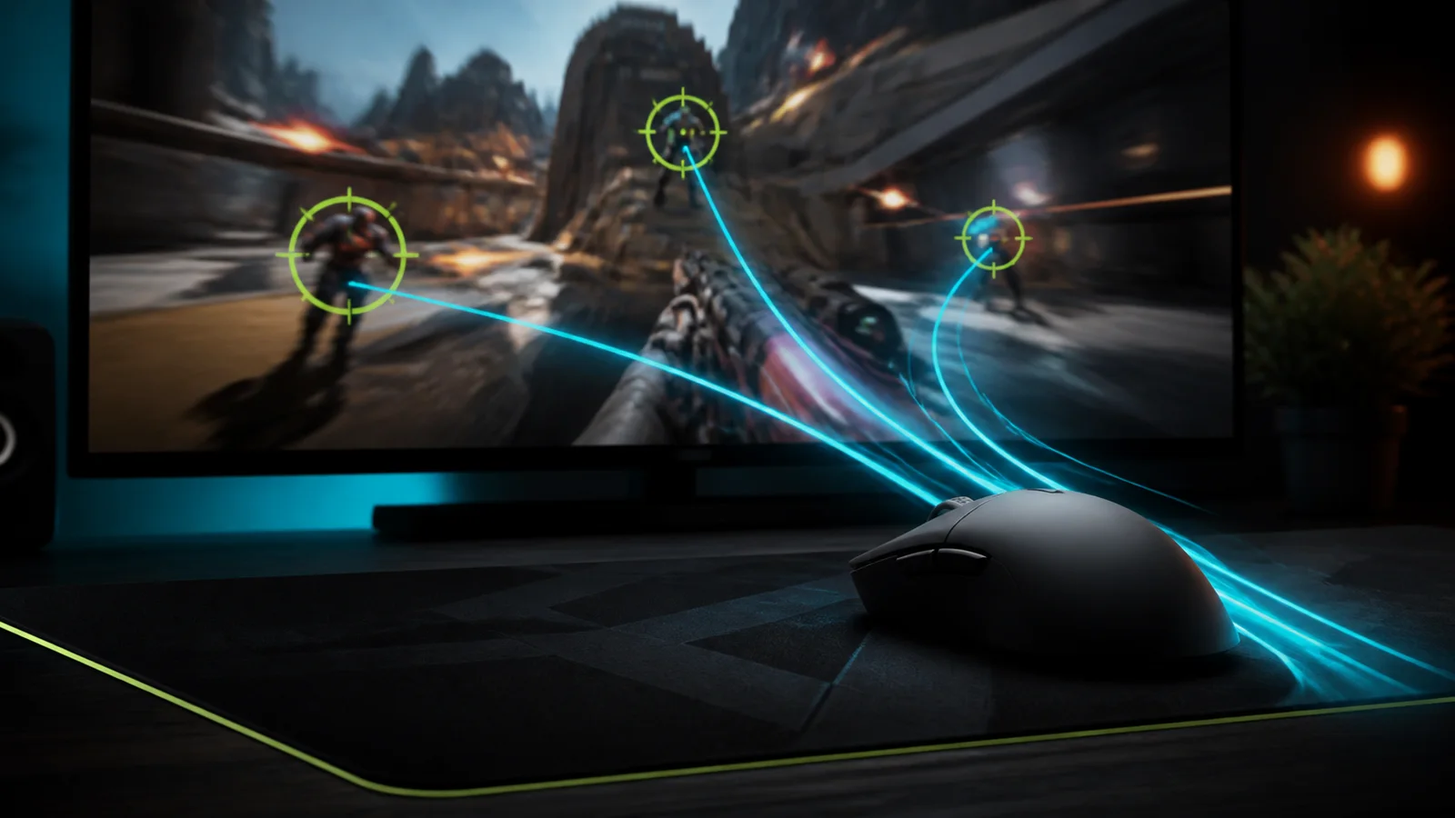 Mouse gamer con trayectorias de tracking hacia objetivos en una escena FPS generica