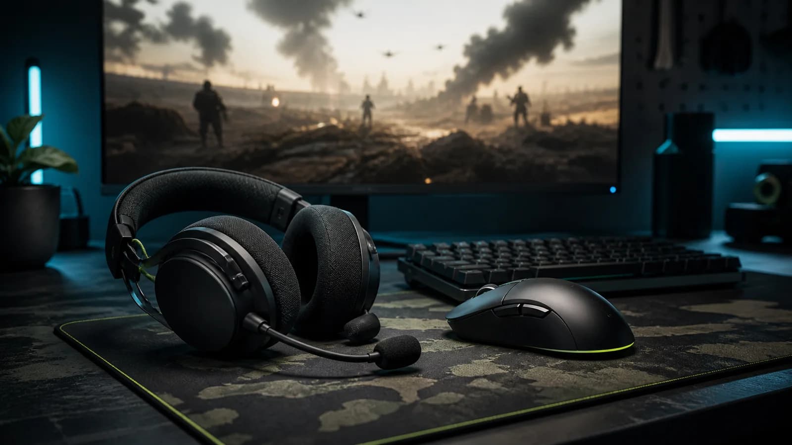 Audifonos, mouse y teclado frente a una escena FPS tactica generica en un monitor