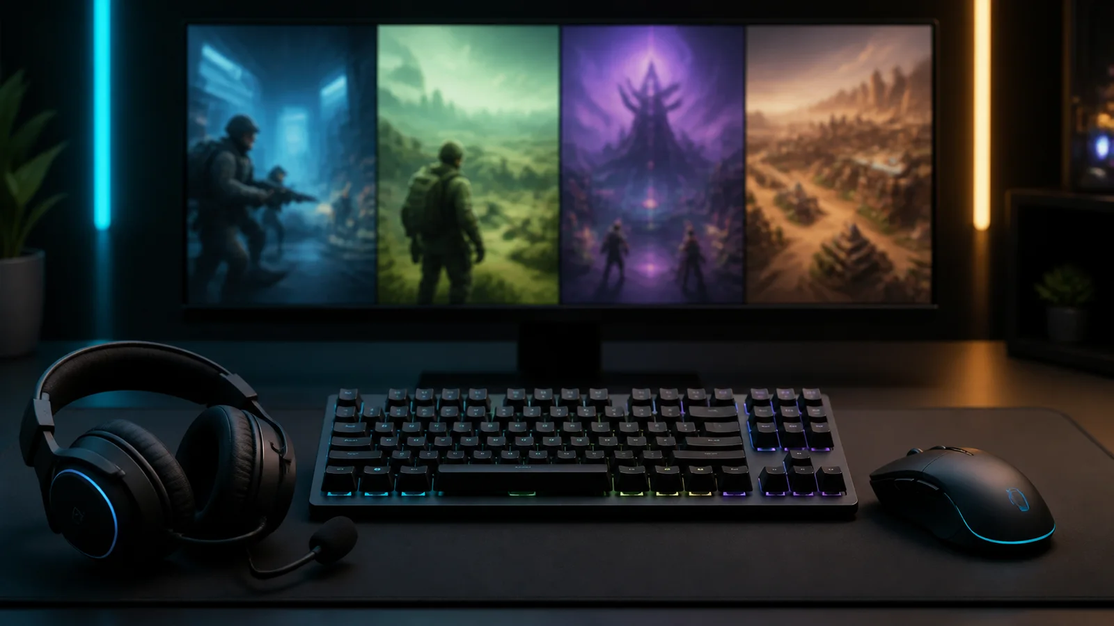 Teclado, mouse y audifonos frente a paneles de juegos genericos para combinar perifericos