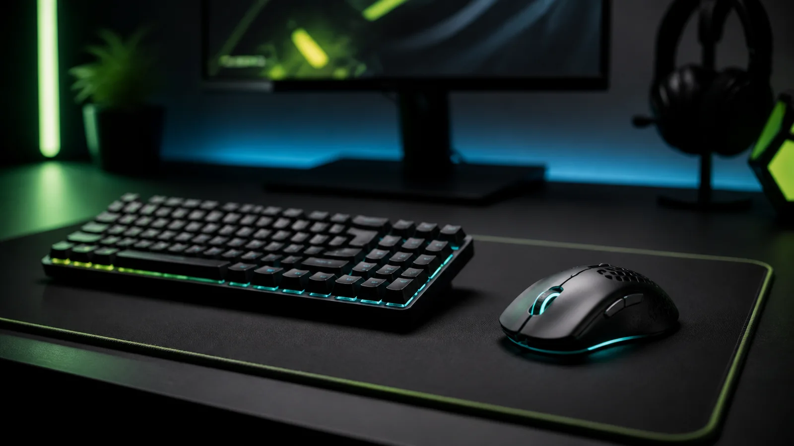 Combo de teclado mecanico y mouse gamer sobre mousepad amplio en un setup oscuro