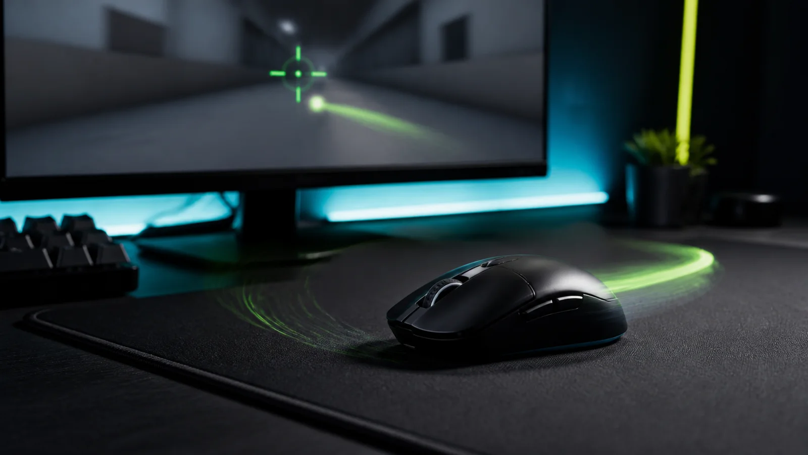 Mouse gamer sobre un mousepad amplio con mira FPS y trayectoria de flick para configurar sensibilidad en CS2