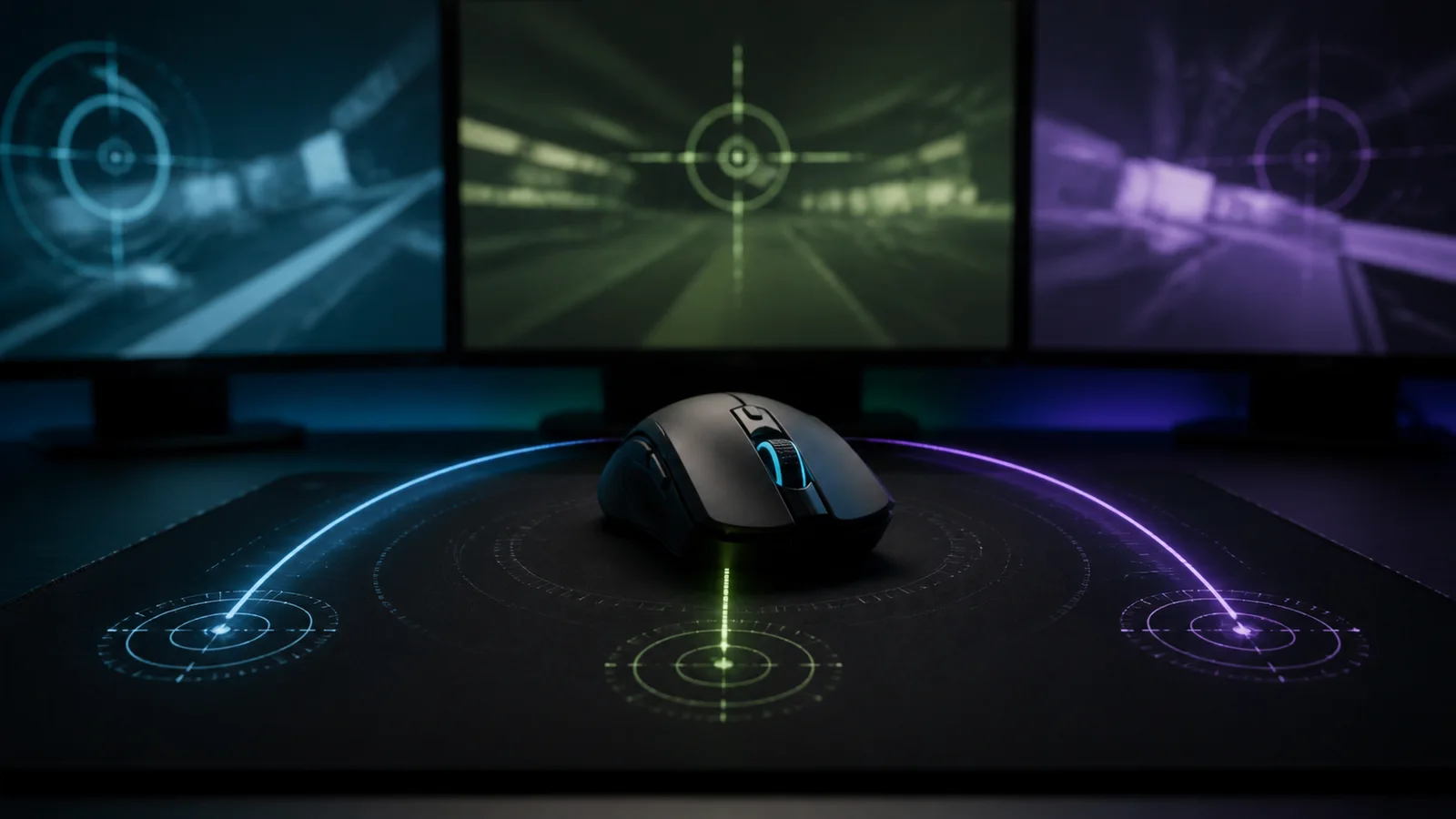 Mouse gamer conectado a tres pantallas abstractas para convertir sensibilidad entre shooters