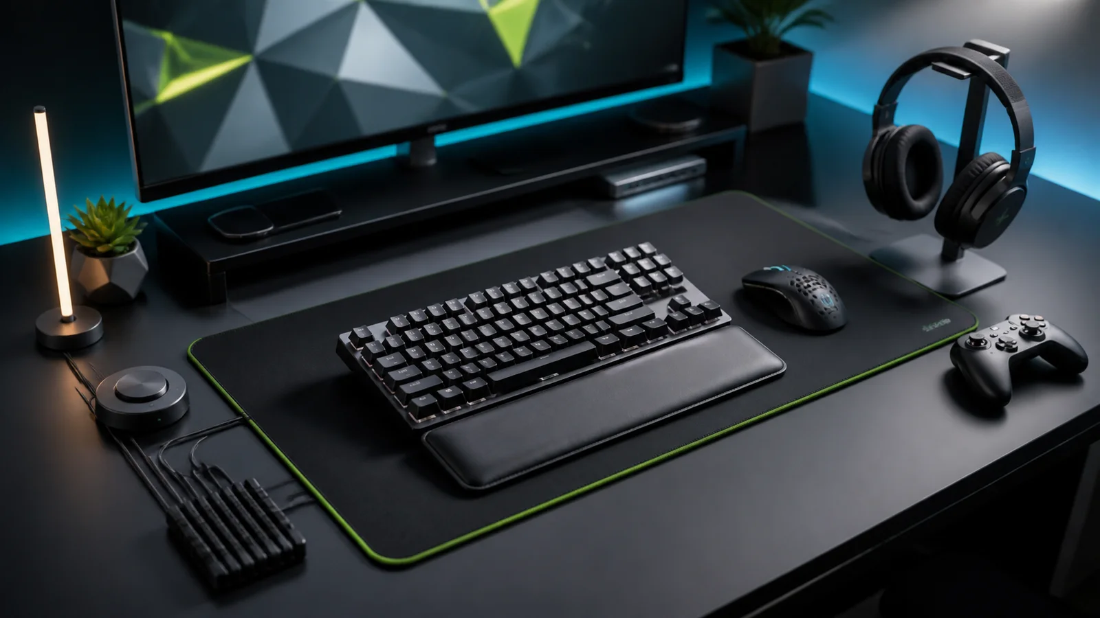 Setup gamer ordenado con teclado, mouse, audifonos y accesorios sobre un escritorio oscuro