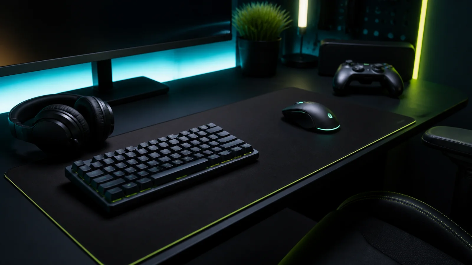 Setup gamer hibrido con teclado, mouse, audifonos y control para jugar competitivo y casual