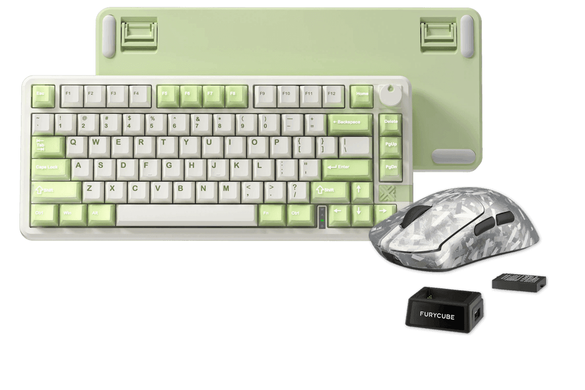 Kit gamer: Teclado Mecánico Gamer Furycube FC75 Pro Blanco Verde Menta 75% Inglés Internacional Light Blue Switch Hot-Swap Inalámbrico RGB + Mouse Gamer Inalámbrico Furycube F1 Phantom Plata 49g PAW3315 16000 DPI Tri-Mode RGB USB-C
