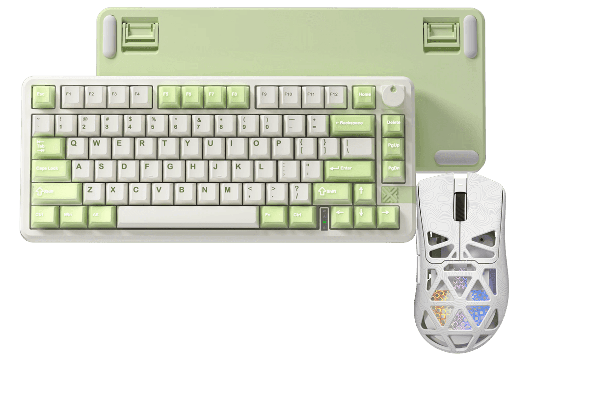 Kit gamer: Teclado Mecánico Gamer Furycube FC75 Pro Blanco Verde Menta 75% Inglés Internacional Light Blue Switch Hot-Swap Inalámbrico RGB + Mouse Gamer Inalámbrico Furycube G11 Blanco 65g PAW3311 12000 DPI Tri-Mode RGB