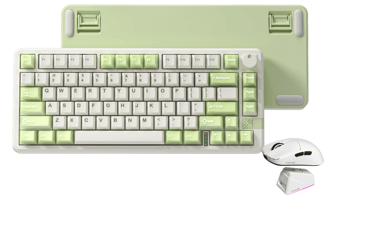 Kit gamer: Teclado Mecánico Gamer Furycube FC75 Pro Blanco Verde Menta 75% Inglés Internacional Light Blue Switch Hot-Swap Inalámbrico RGB + Mouse Gamer Inalámbrico Furycube G13 Pro Blanco 55g PAW3311 22000 DPI 2.4GHz