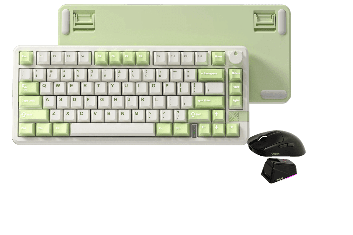Kit gamer: Teclado Mecánico Gamer Furycube FC75 Pro Blanco Verde Menta 75% Inglés Internacional Light Blue Switch Hot-Swap Inalámbrico RGB + Mouse Gamer Inalámbrico Furycube G13 Pro Negro 55g PAW3311 22000 DPI 2.4GHz