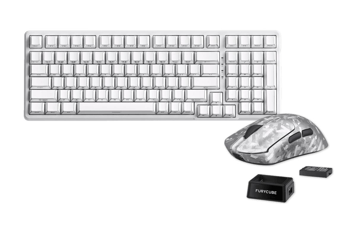 Kit gamer: Teclado Mecánico Gamer Furycube K99 Pro Blanco 96% Inglés Internacional Hot-Swap Tri-Mode RGB Switch Platinum + Mouse Gamer Inalámbrico Furycube F1 Phantom Plata 49g PAW3315 16000 DPI Tri-Mode RGB USB-C