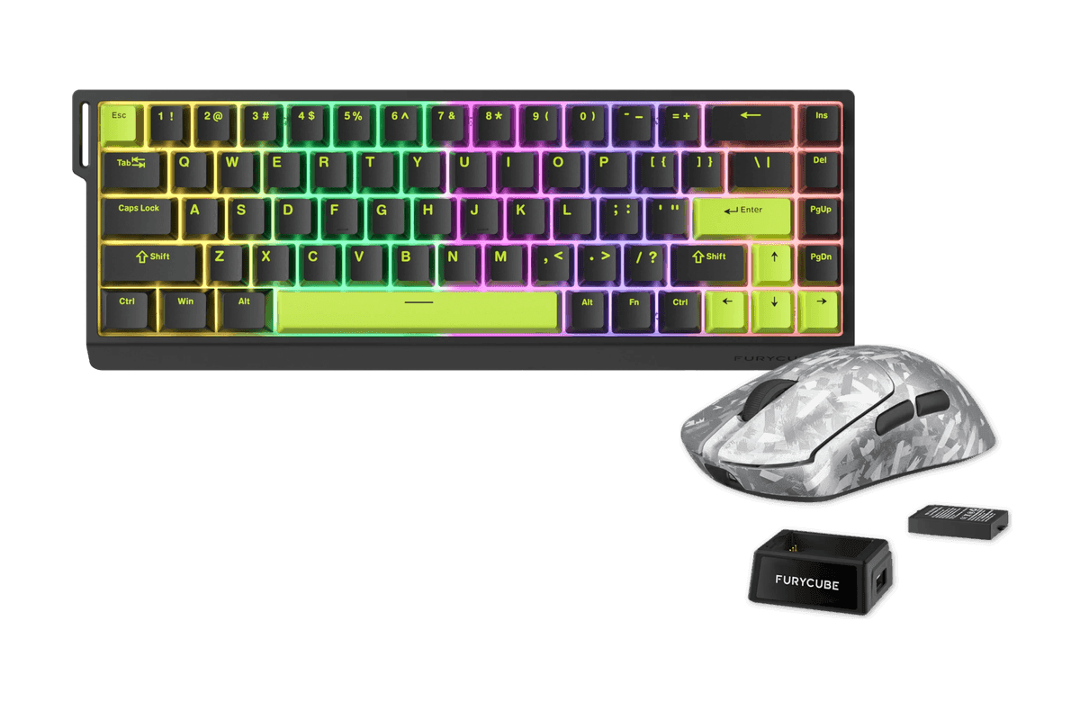 Kit gamer: Teclado Magnético Gamer Furycube M68HE Negro 65% Hall Effect Rapid Trigger 8000 Hz RGB USB-C Switch Magnetic + Mouse Gamer Inalámbrico Furycube F1 Phantom Plata 49g PAW3315 16000 DPI Tri-Mode RGB USB-C