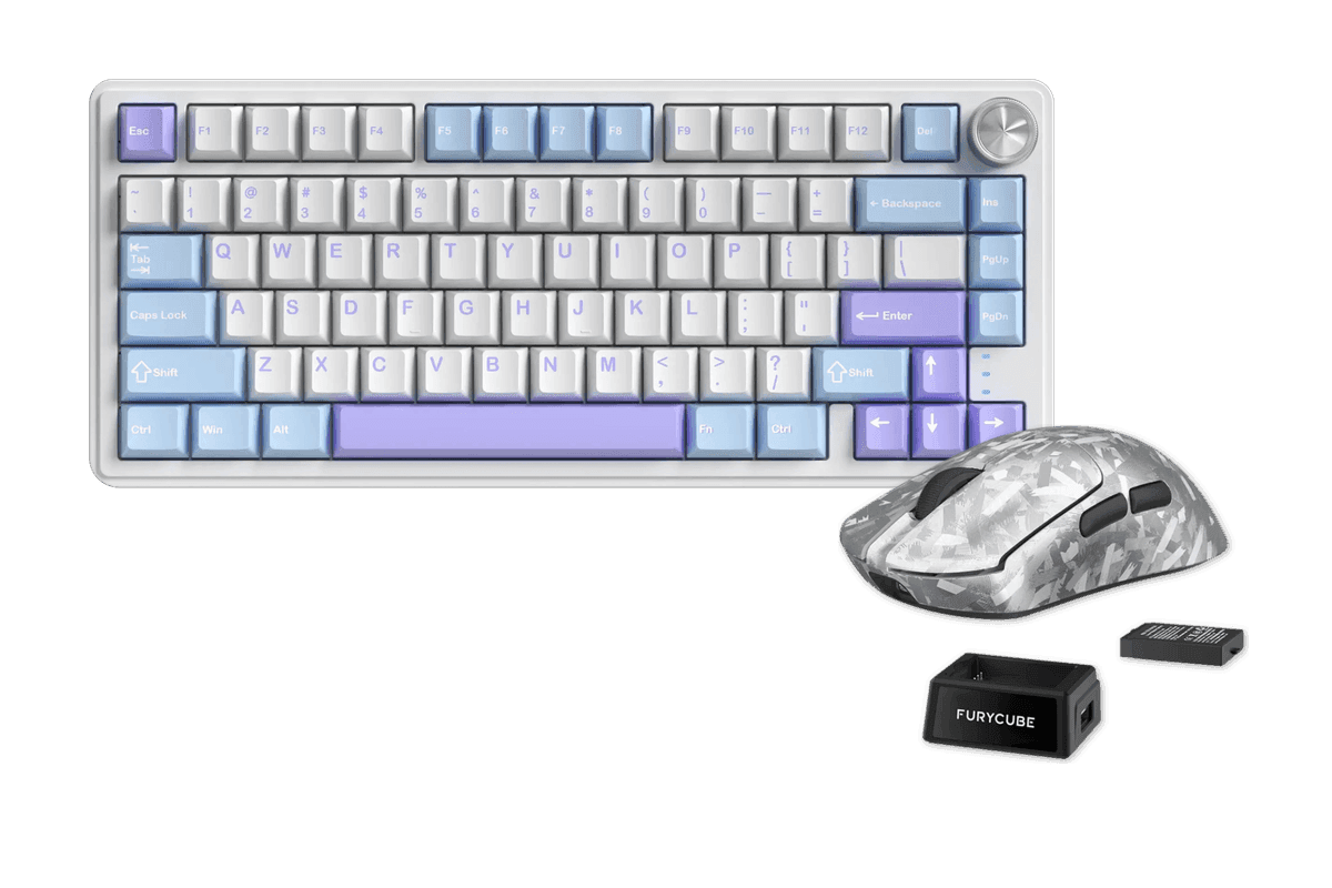 Kit gamer: Teclado Mecánico Gamer Zifriend RX75 Pro Blanco Celeste y Lila 75% Inglés Internacional Light Blue Switch Hot-Swap Inalámbrico RGB + Mouse Gamer Inalámbrico Furycube F1 Phantom Plata 49g PAW3315 16000 DPI Tri-Mode RGB USB-C