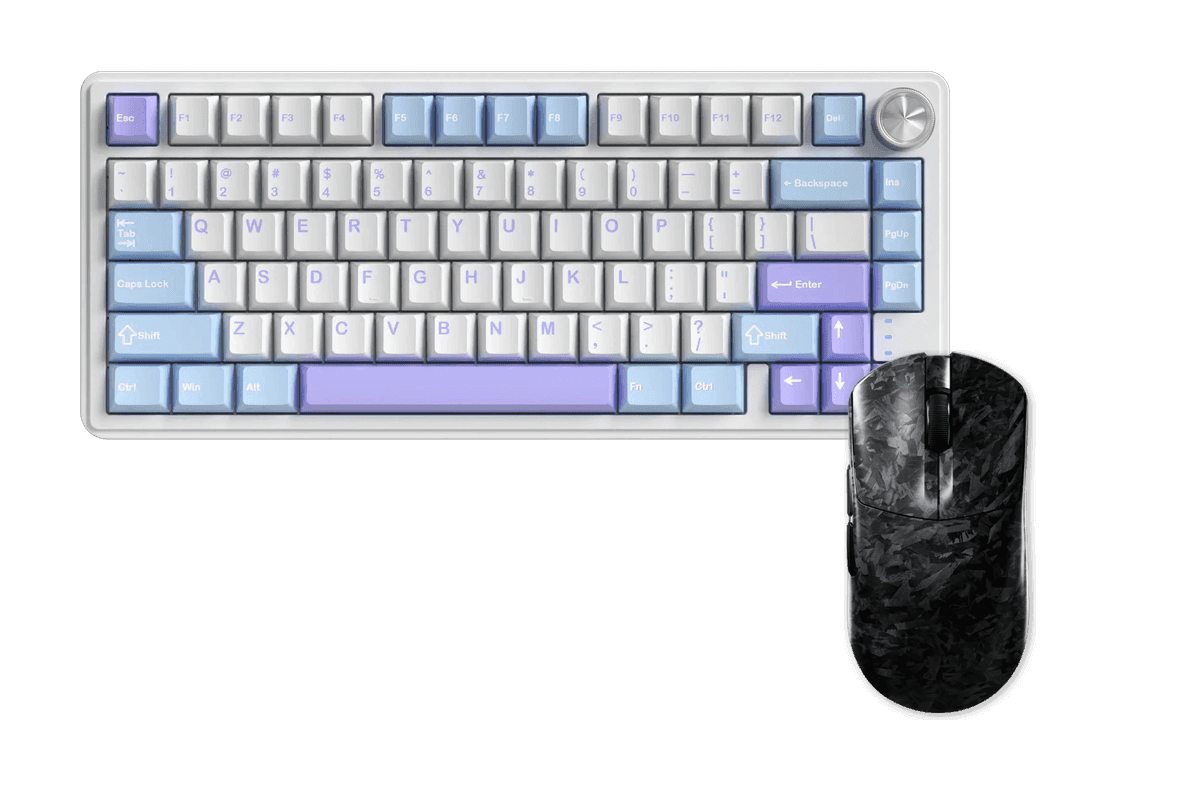 Kit gamer: Teclado Mecánico Gamer Zifriend RX75 Pro Blanco Celeste y Lila 75% Inglés Internacional Light Blue Switch Hot-Swap Inalámbrico RGB + Mouse Gamer Inalámbrico Furycube F1 Phantom Negro 49g PAW3315 16000 DPI Tri-Mode RGB USB-C