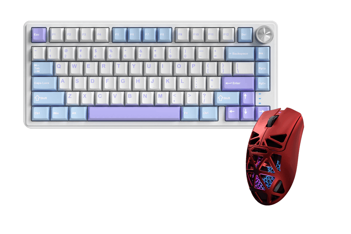 Kit gamer: Teclado Mecánico Gamer Zifriend RX75 Pro Blanco Celeste y Lila 75% Inglés Internacional Light Blue Switch Hot-Swap Inalámbrico RGB + Mouse Gamer Inalámbrico Furycube G11 Rojo 65g PAW3311 12000 DPI Tri-Mode RGB