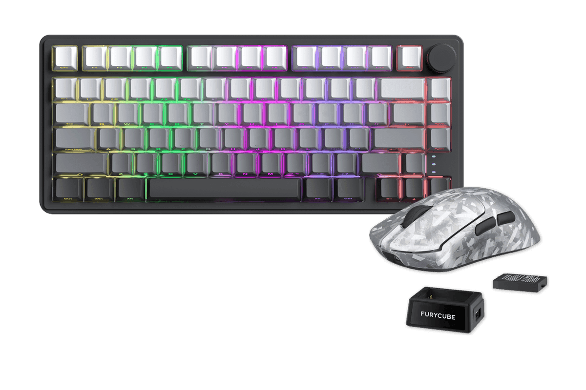 Kit gamer: Teclado Mecánico Gamer Zifriend RX75 Pro Gris Oscuro 75% Inglés Internacional Light Blue Switch Hot-Swap Inalámbrico RGB + Mouse Gamer Inalámbrico Furycube F1 Phantom Plata 49g PAW3315 16000 DPI Tri-Mode RGB USB-C