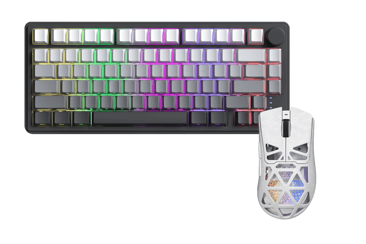 Kit gamer: Teclado Mecánico Gamer Zifriend RX75 Pro Gris Oscuro 75% Inglés Internacional Light Blue Switch Hot-Swap Inalámbrico RGB + Mouse Gamer Inalámbrico Furycube G11 Blanco 65g PAW3311 12000 DPI Tri-Mode RGB