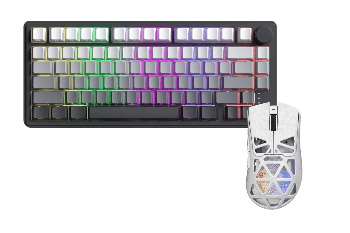 Kit gamer: Teclado Mecánico Gamer Zifriend RX75 Pro Gris Oscuro 75% Inglés Internacional Light Blue Switch Hot-Swap Inalámbrico RGB + Mouse Gamer Inalámbrico Furycube G11 Blanco 65g PAW3311 12000 DPI Tri-Mode RGB