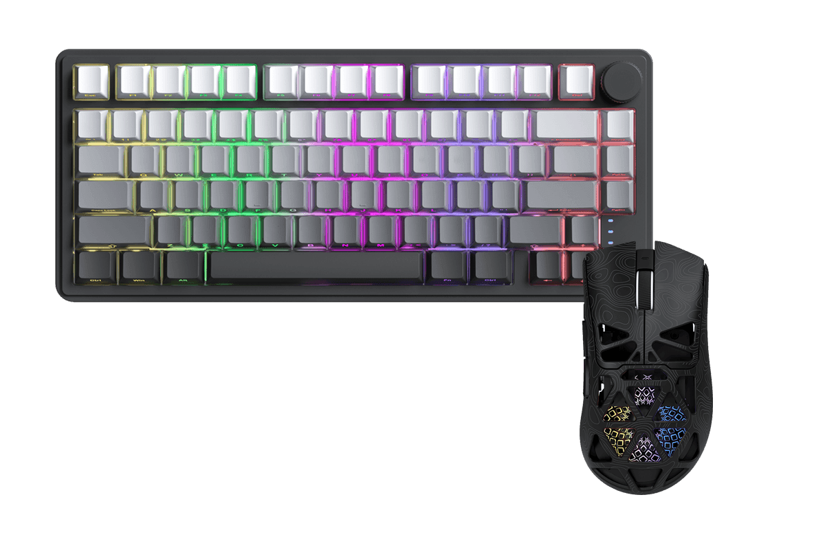 Kit gamer: Teclado Mecánico Gamer Zifriend RX75 Pro Gris Oscuro 75% Inglés Internacional Light Blue Switch Hot-Swap Inalámbrico RGB + Mouse Gamer Inalámbrico Furycube G11 Negro 65g PAW3311 12000 DPI Tri-Mode RGB