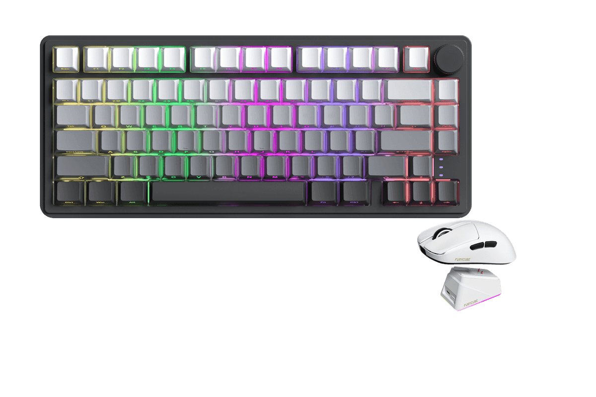 Kit gamer: Teclado Mecánico Gamer Zifriend RX75 Pro Gris Oscuro 75% Inglés Internacional Light Blue Switch Hot-Swap Inalámbrico RGB + Mouse Gamer Inalámbrico Furycube G13 Pro Blanco 55g PAW3311 22000 DPI 2.4GHz