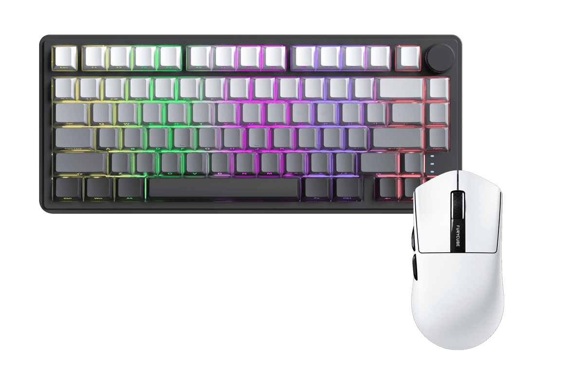 Kit gamer: Teclado Mecánico Gamer Zifriend RX75 Pro Gris Oscuro 75% Inglés Internacional Light Blue Switch Hot-Swap Inalámbrico RGB + Mouse Gamer Inalámbrico Furycube G9 Pro Blanco 59g PAW3311 12000 DPI Tri-Mode