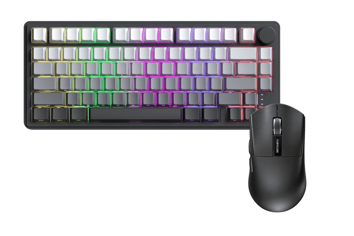 Kit gamer: Teclado Mecánico Gamer Zifriend RX75 Pro Gris Oscuro 75% Inglés Internacional Light Blue Switch Hot-Swap Inalámbrico RGB + Mouse Gamer Inalámbrico Furycube G9 Pro Negro 59g PAW3311 12000 DPI Tri-Mode