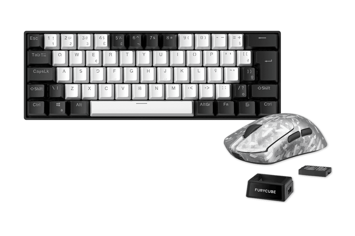 Kit gamer: Teclado Mecánico Gamer Zifriend TK61 Blanco 60% Español Red Switch RGB USB-C + Mouse Gamer Inalámbrico Furycube F1 Phantom Plata 49g PAW3315 16000 DPI Tri-Mode RGB USB-C