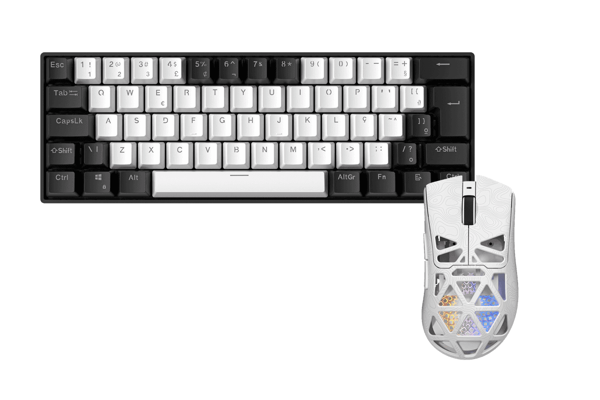Kit gamer: Teclado Mecánico Gamer Zifriend TK61 Blanco 60% Español Red Switch RGB USB-C + Mouse Gamer Inalámbrico Furycube G11 Blanco 65g PAW3311 12000 DPI Tri-Mode RGB