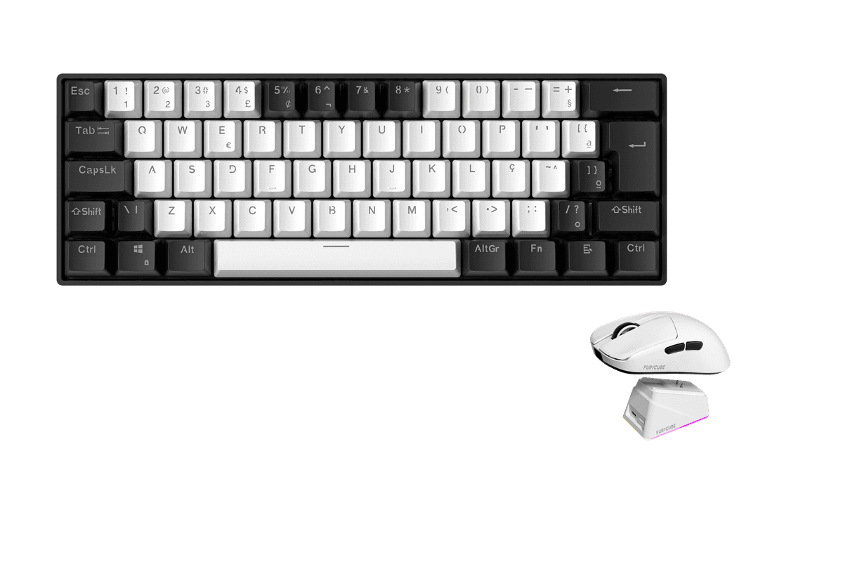 Kit gamer: Teclado Mecánico Gamer Zifriend TK61 Blanco 60% Español Red Switch RGB USB-C + Mouse Gamer Inalámbrico Furycube G13 Pro Blanco 55g PAW3311 22000 DPI 2.4GHz