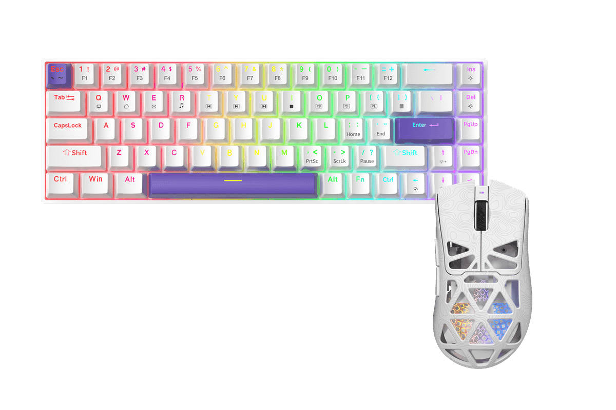 Kit gamer: Teclado Mecánico Gamer Zifriend TK68 Blanco 65% Inglés Internacional Blue Switch Hot-Swap RGB USB-C + Mouse Gamer Inalámbrico Furycube G11 Blanco 65g PAW3311 12000 DPI Tri-Mode RGB
