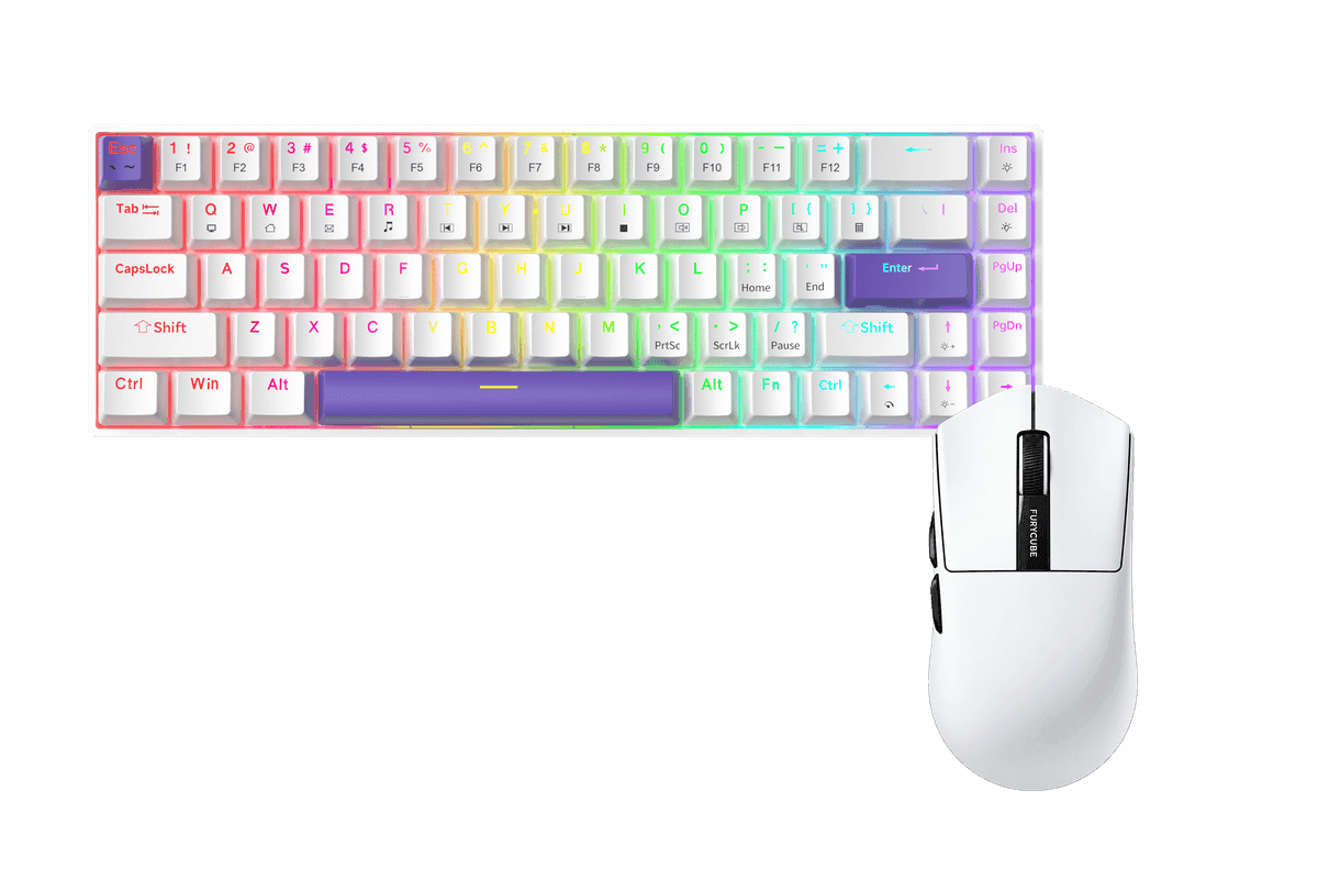 Kit gamer: Teclado Mecánico Gamer Zifriend TK68 Blanco 65% Inglés Internacional Blue Switch Hot-Swap RGB USB-C + Mouse Gamer Inalámbrico Furycube G9 Pro Blanco 59g PAW3311 12000 DPI Tri-Mode