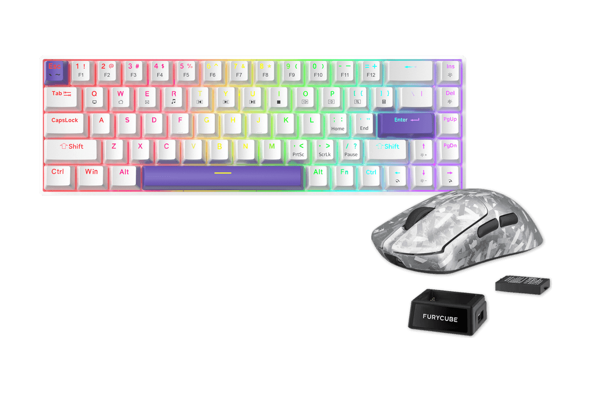 Kit gamer: Teclado Mecánico Gamer Zifriend TK68 Blanco 65% Inglés Internacional Red Switch Hot-Swap RGB USB-C + Mouse Gamer Inalámbrico Furycube F1 Phantom Plata 49g PAW3315 16000 DPI Tri-Mode RGB USB-C