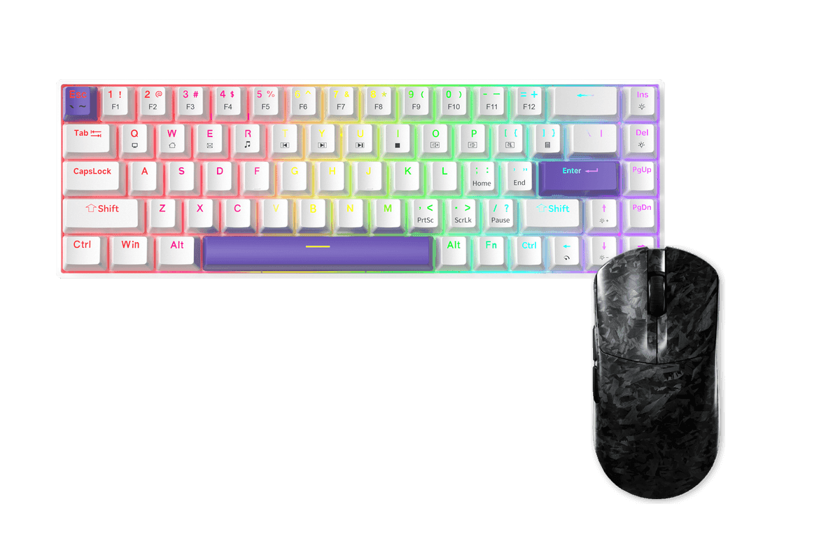 Kit gamer: Teclado Mecánico Gamer Zifriend TK68 Blanco 65% Inglés Internacional Red Switch Hot-Swap RGB USB-C + Mouse Gamer Inalámbrico Furycube F1 Phantom Negro 49g PAW3315 16000 DPI Tri-Mode RGB USB-C