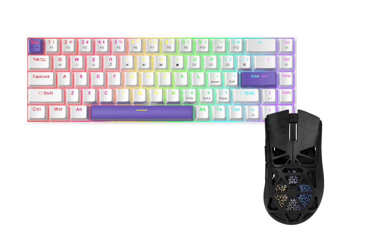 Kit gamer: Teclado Mecánico Gamer Zifriend TK68 Blanco 65% Inglés Internacional Red Switch Hot-Swap RGB USB-C + Mouse Gamer Inalámbrico Furycube G11 Negro 65g PAW3311 12000 DPI Tri-Mode RGB