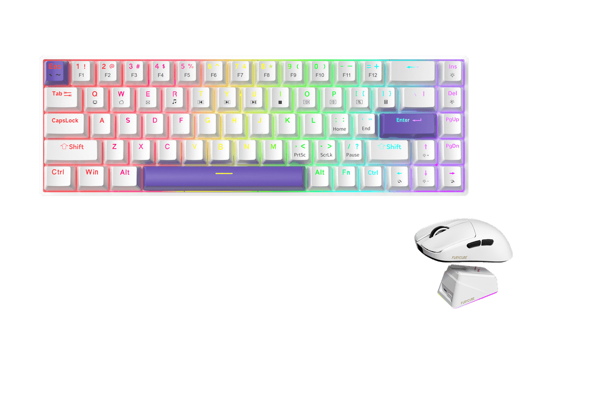 Kit gamer: Teclado Mecánico Gamer Zifriend TK68 Blanco 65% Inglés Internacional Red Switch Hot-Swap RGB USB-C + Mouse Gamer Inalámbrico Furycube G13 Pro Blanco 55g PAW3311 22000 DPI 2.4GHz