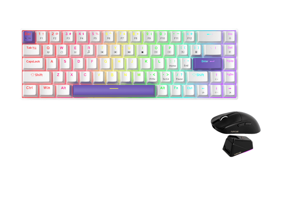Kit gamer: Teclado Mecánico Gamer Zifriend TK68 Blanco 65% Inglés Internacional Red Switch Hot-Swap RGB USB-C + Mouse Gamer Inalámbrico Furycube G13 Pro Negro 55g PAW3311 22000 DPI 2.4GHz
