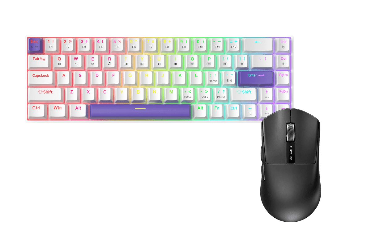Kit gamer: Teclado Mecánico Gamer Zifriend TK68 Blanco 65% Inglés Internacional Red Switch Hot-Swap RGB USB-C + Mouse Gamer Inalámbrico Furycube G9 Pro Negro 59g PAW3311 12000 DPI Tri-Mode