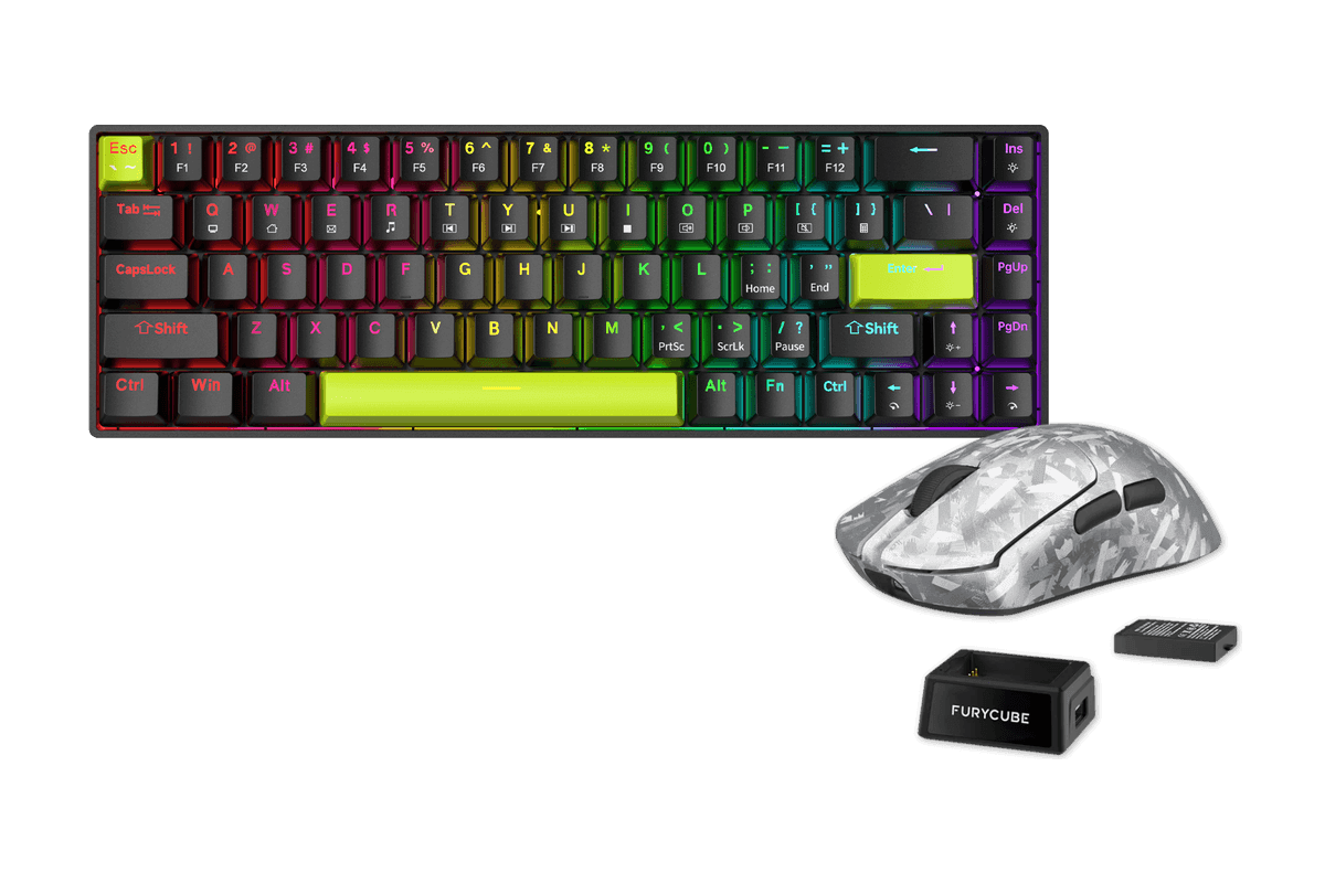 Kit gamer: Teclado Mecánico Gamer Zifriend TK68 Negro 65% Inglés Internacional Blue Switch Hot-Swap RGB USB-C + Mouse Gamer Inalámbrico Furycube F1 Phantom Plata 49g PAW3315 16000 DPI Tri-Mode RGB USB-C
