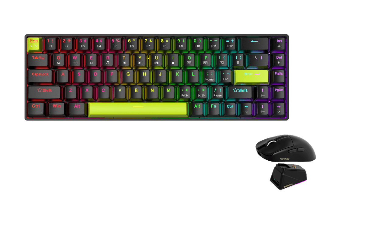 Kit gamer: Teclado Mecánico Gamer Zifriend TK68 Negro 65% Inglés Internacional Blue Switch Hot-Swap RGB USB-C + Mouse Gamer Inalámbrico Furycube G13 Pro Negro 55g PAW3311 22000 DPI 2.4GHz