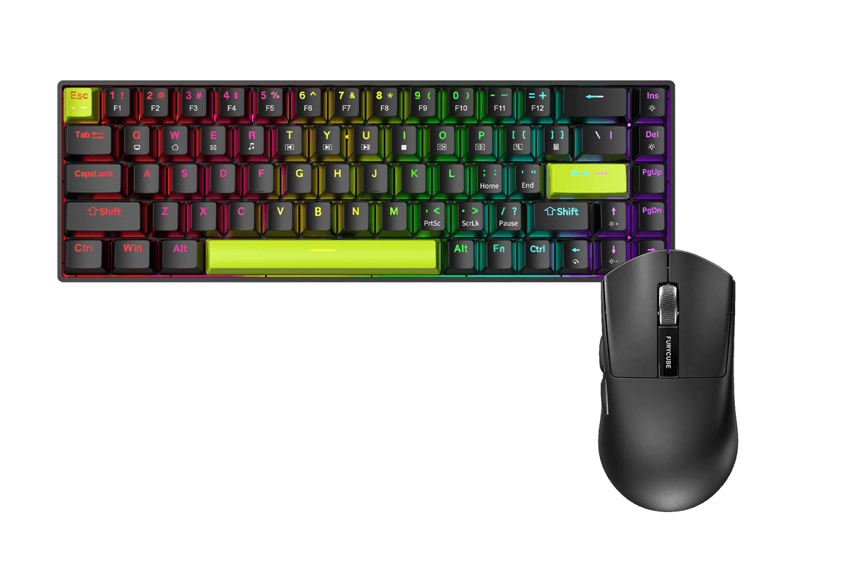Kit gamer: Teclado Mecánico Gamer Zifriend TK68 Negro 65% Inglés Internacional Blue Switch Hot-Swap RGB USB-C + Mouse Gamer Inalámbrico Furycube G9 Pro Negro 59g PAW3311 12000 DPI Tri-Mode