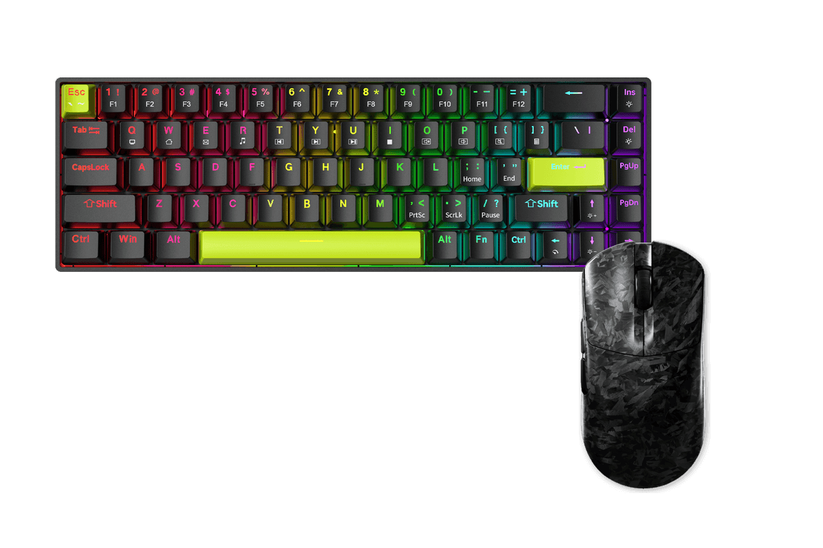 Kit gamer: Teclado Mecánico Gamer Zifriend TK68 Negro 65% Inglés Internacional Red Switch Hot-Swap RGB USB-C + Mouse Gamer Inalámbrico Furycube F1 Phantom Negro 49g PAW3315 16000 DPI Tri-Mode RGB USB-C