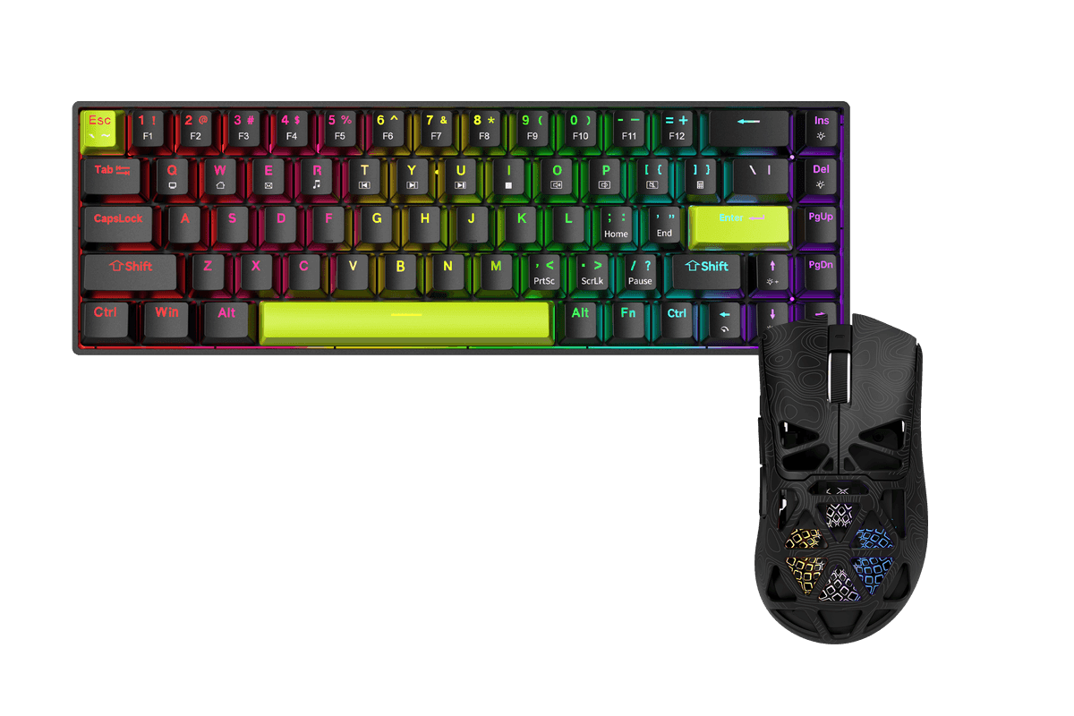 Kit gamer: Teclado Mecánico Gamer Zifriend TK68 Negro 65% Inglés Internacional Red Switch Hot-Swap RGB USB-C + Mouse Gamer Inalámbrico Furycube G11 Negro 65g PAW3311 12000 DPI Tri-Mode RGB