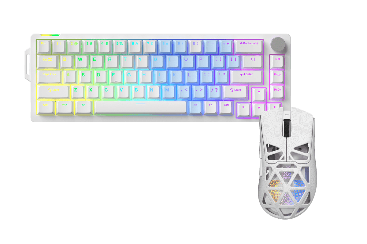 Kit gamer: Teclado Mecánico Gamer Furycube V68 Blanco 65% Inglés Internacional White Switch Hot-Swap RGB USB-C + Mouse Gamer Inalámbrico Furycube G11 Blanco 65g PAW3311 12000 DPI Tri-Mode RGB