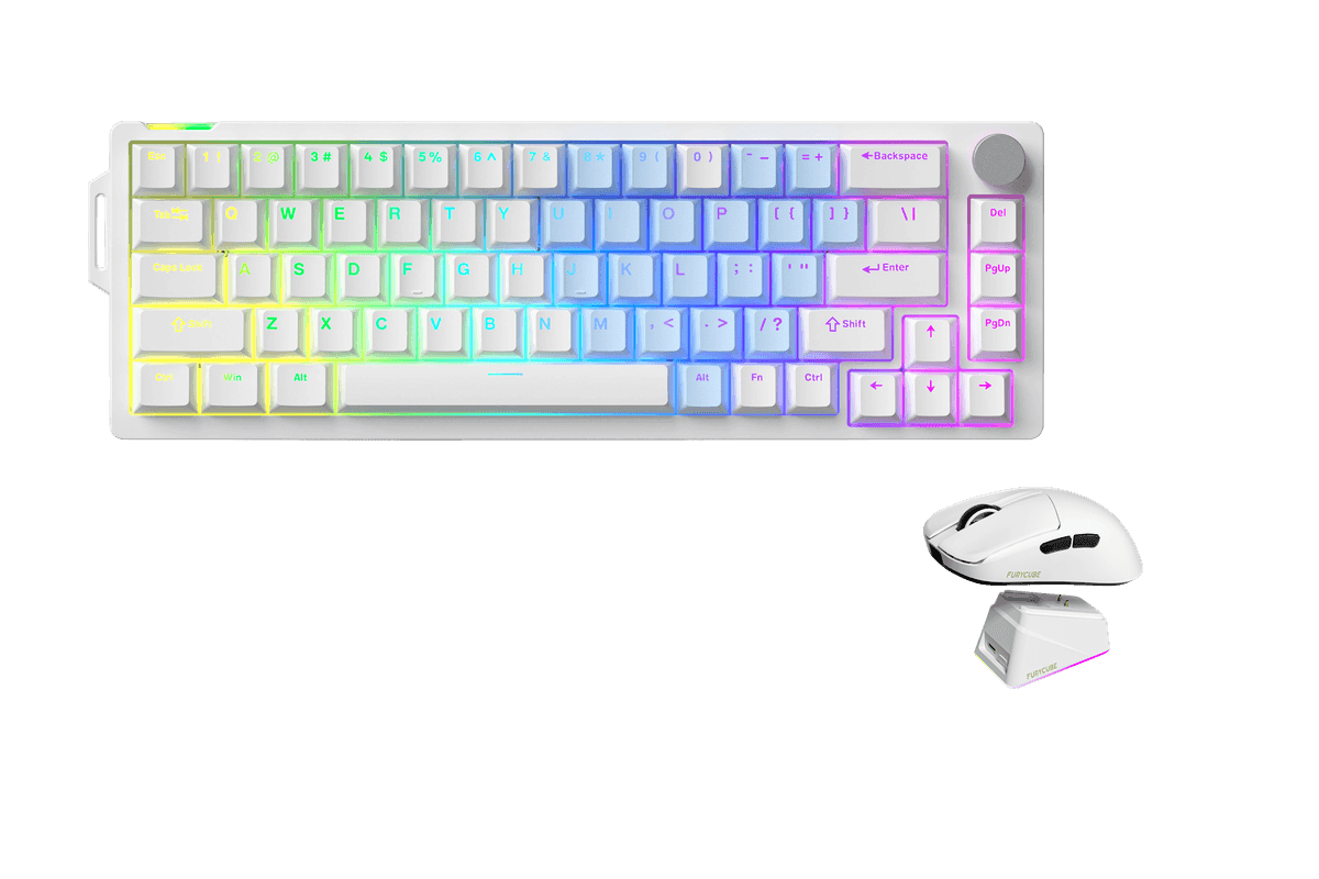 Kit gamer: Teclado Mecánico Gamer Furycube V68 Blanco 65% Inglés Internacional White Switch Hot-Swap RGB USB-C + Mouse Gamer Inalámbrico Furycube G13 Pro Blanco 55g PAW3311 22000 DPI 2.4GHz
