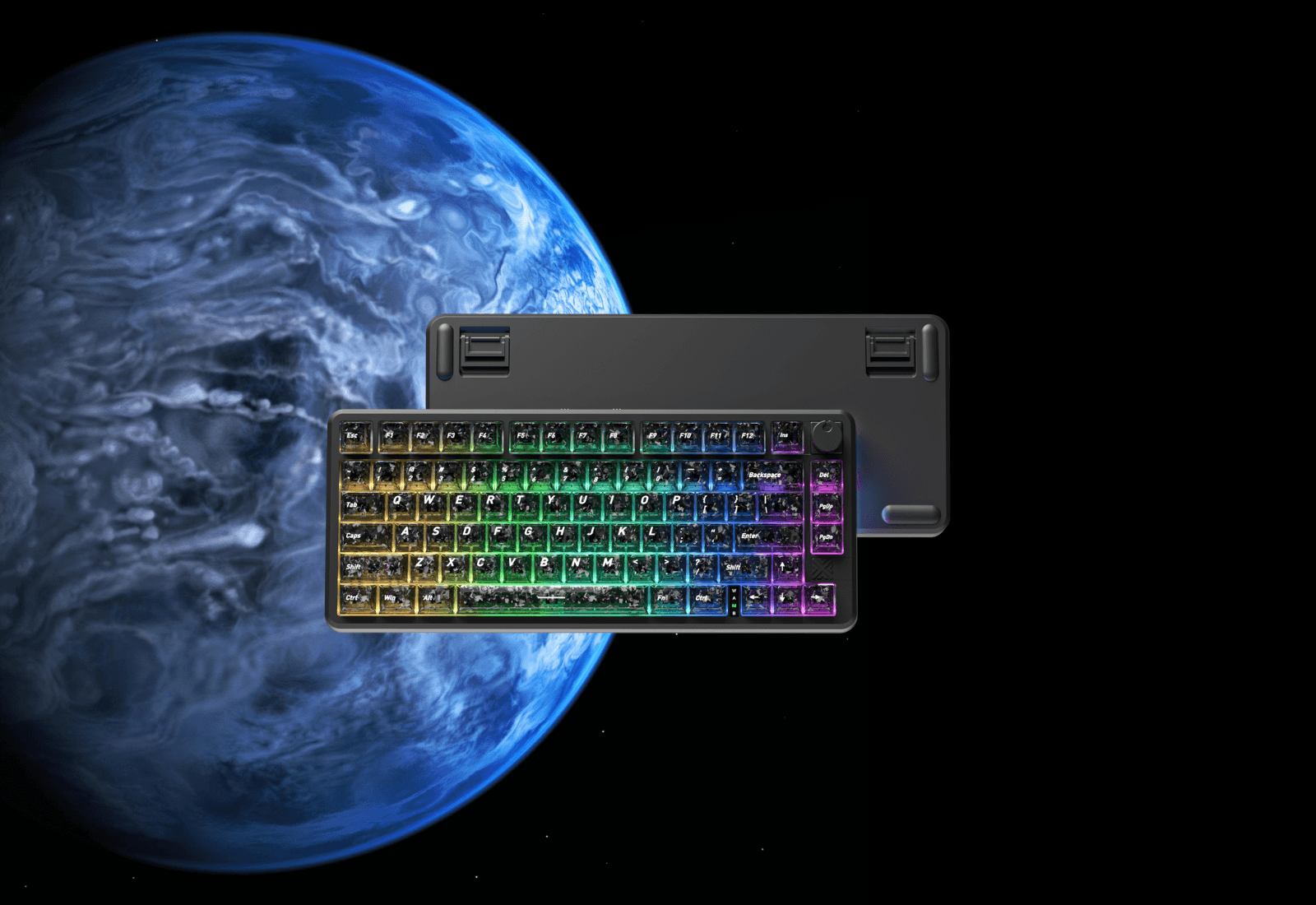 Teclado mecánico gamer FC75 PRO frente a un planeta azul