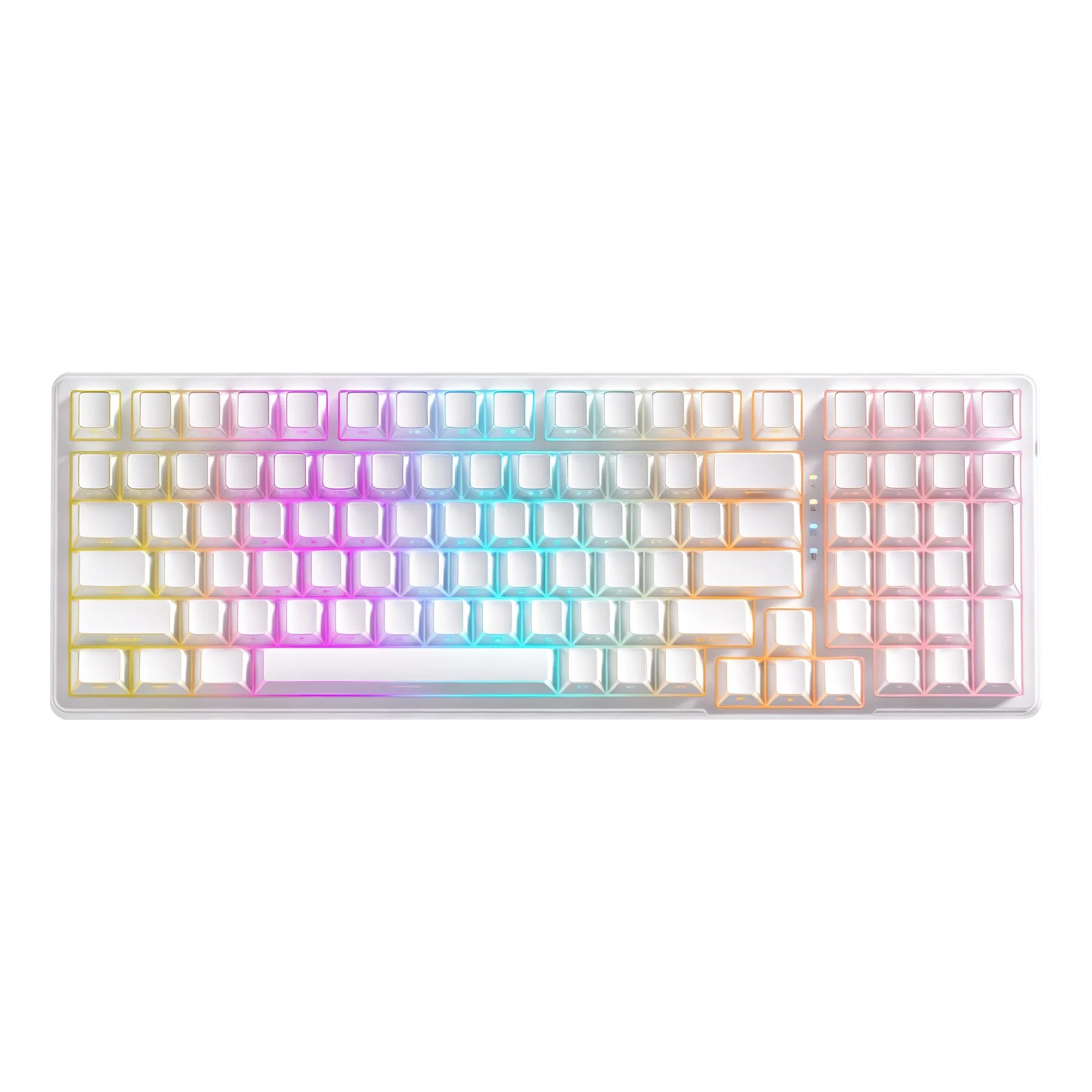 Teclado mecánico Furycube K99 Pro 96% color blanco contour, switch Platinum — vista frontal y posterior con retroiluminación RGB