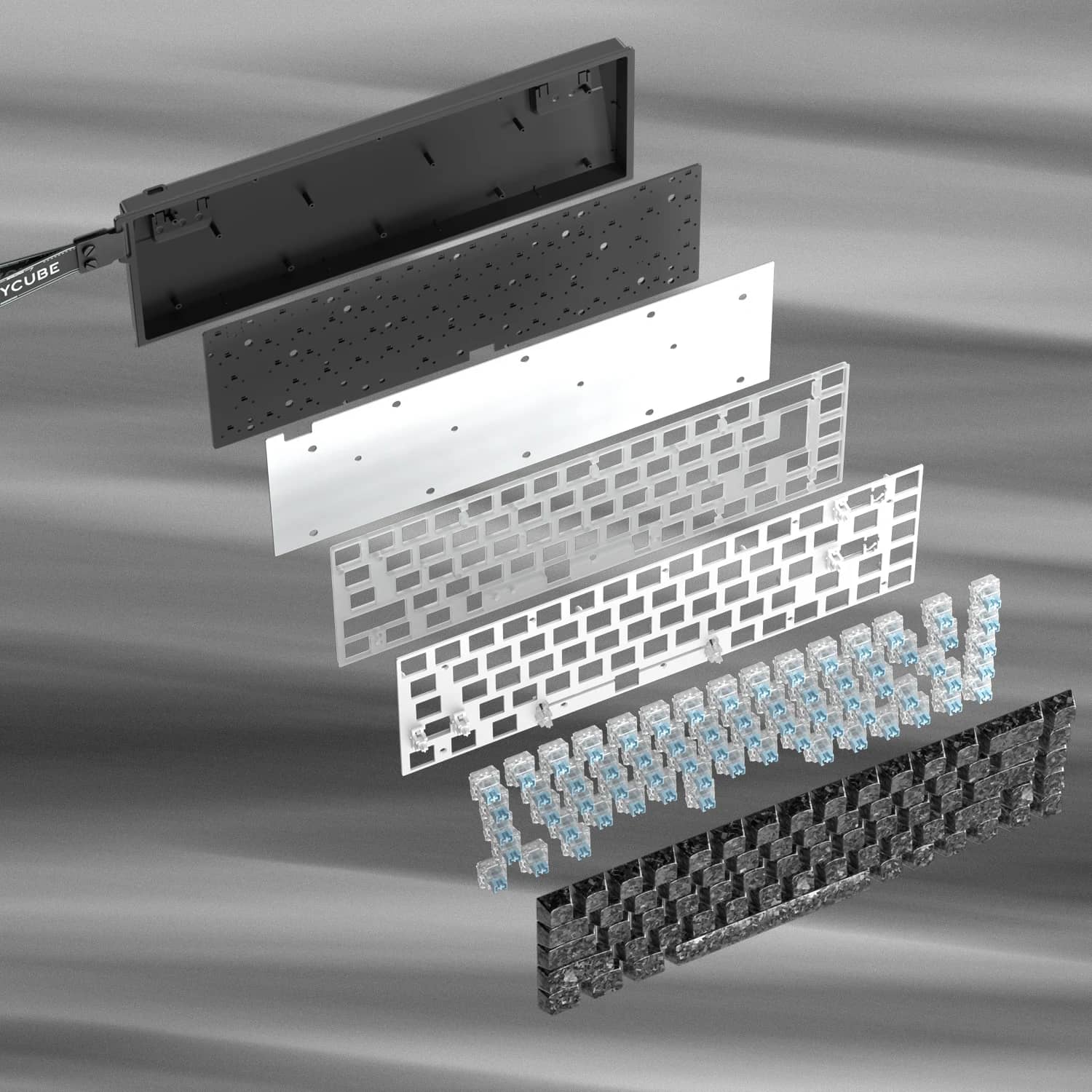Teclado mecánico Furycube M68 HE 65% color fibra de carbono forjada, switch Magnetic — vista explotada de la construcción interna