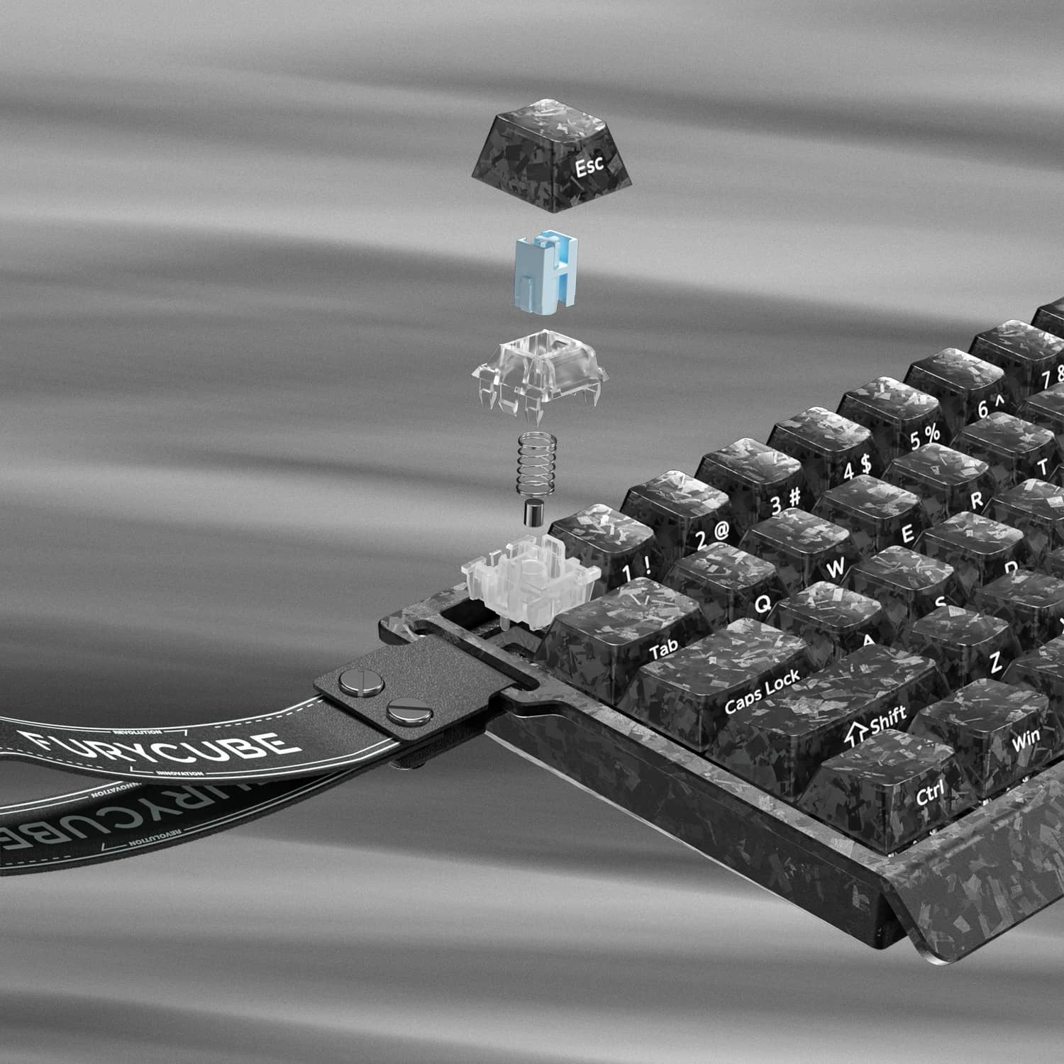 Teclado mecánico Furycube M68 HE 65% color fibra de carbono forjada, switch Magnetic — detalle de la construcción del switch magnético