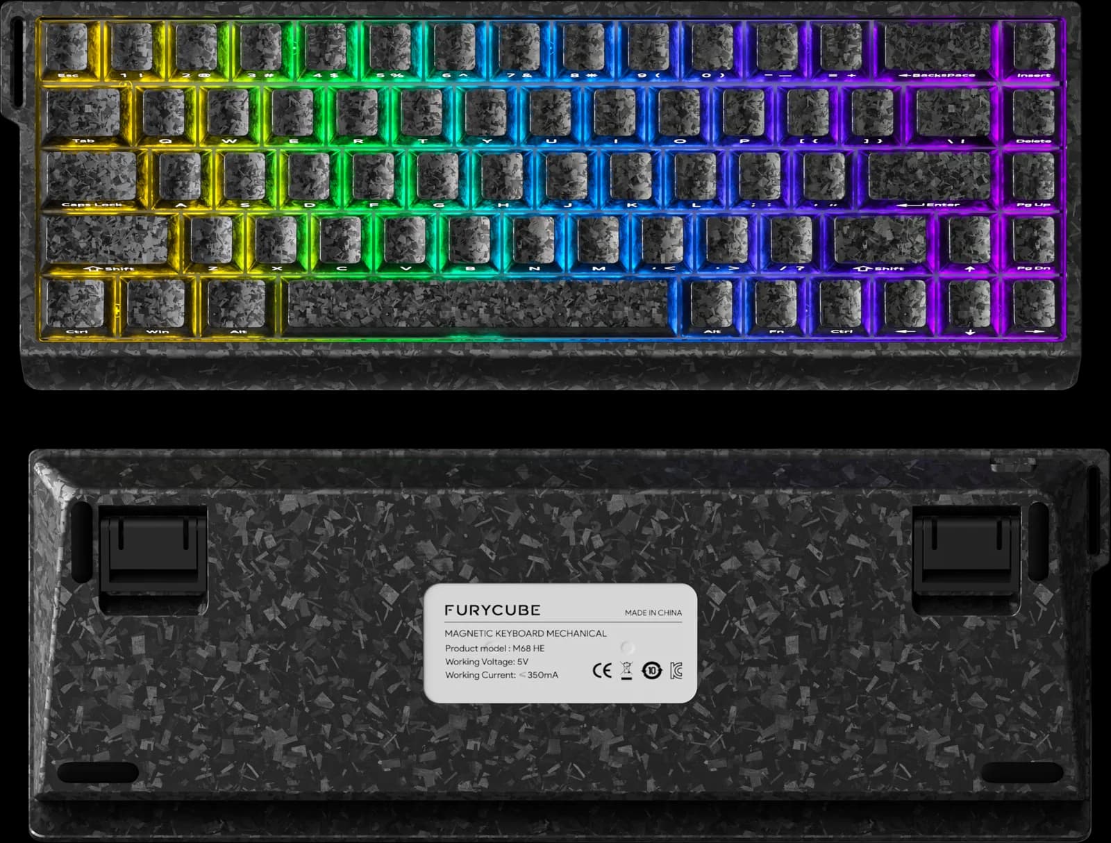 Teclado mecánico Furycube M68 HE 65% color fibra de carbono forjada, switch Magnetic — vista frontal con acabado fibra de carbono forjada
