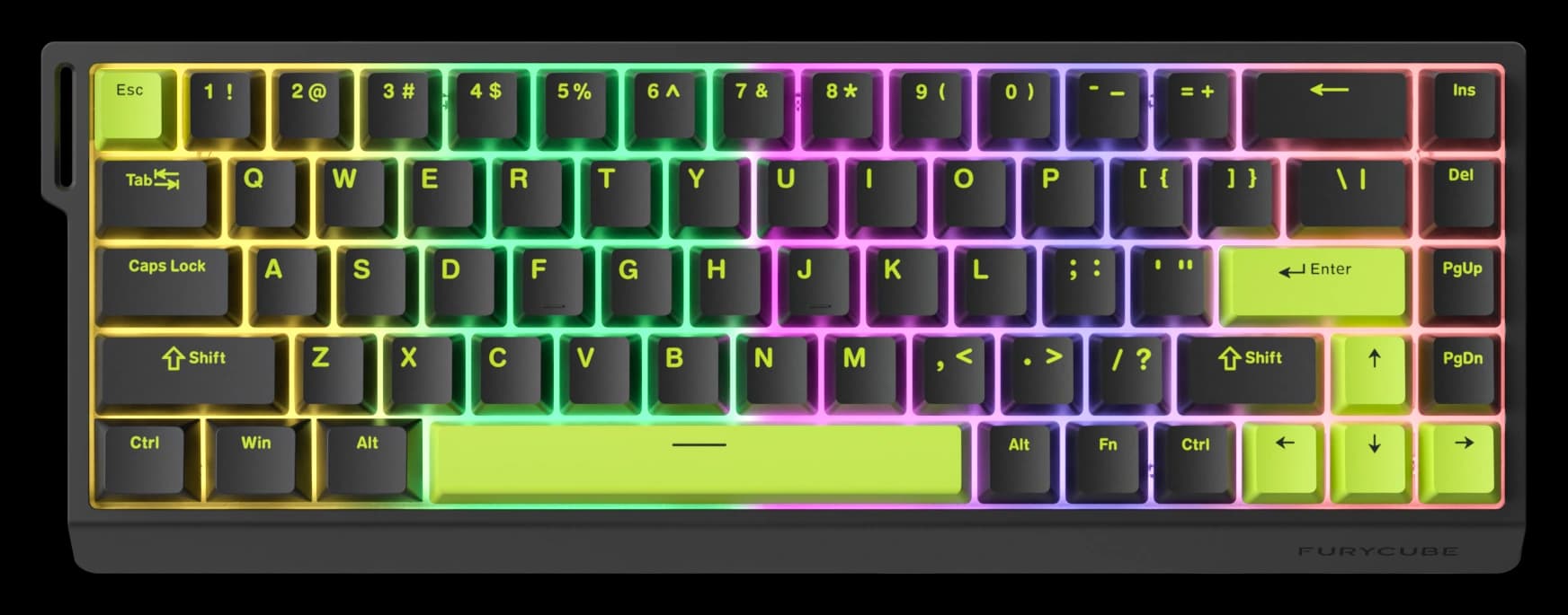 Teclado mecánico Furycube M68 HE 65% color negro y verde ácido, switch Magnetic — vista frontal con correa incluida
