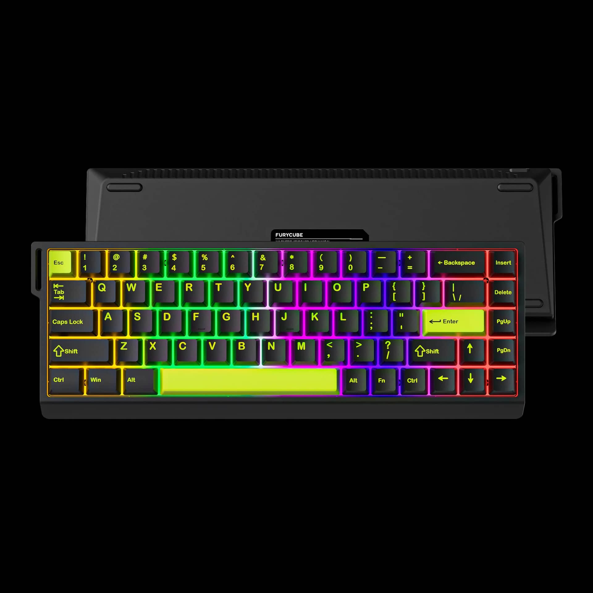 Teclado mecánico Furycube M68 HE 65% color negro y verde ácido, switch Magnetic — vista frontal con retroiluminación RGB y vista posterior